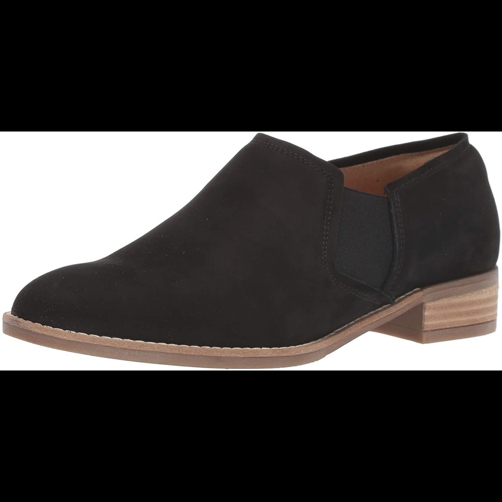 Clark’s Netley Bright slip on unbuckle suede bootie w stacked heel